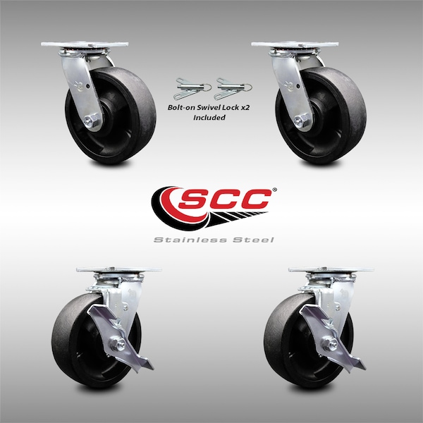 6 Inch SS Glass Filled Nylon Caster Set with Ball Bearings 2 Swivel Lock 2 Brake